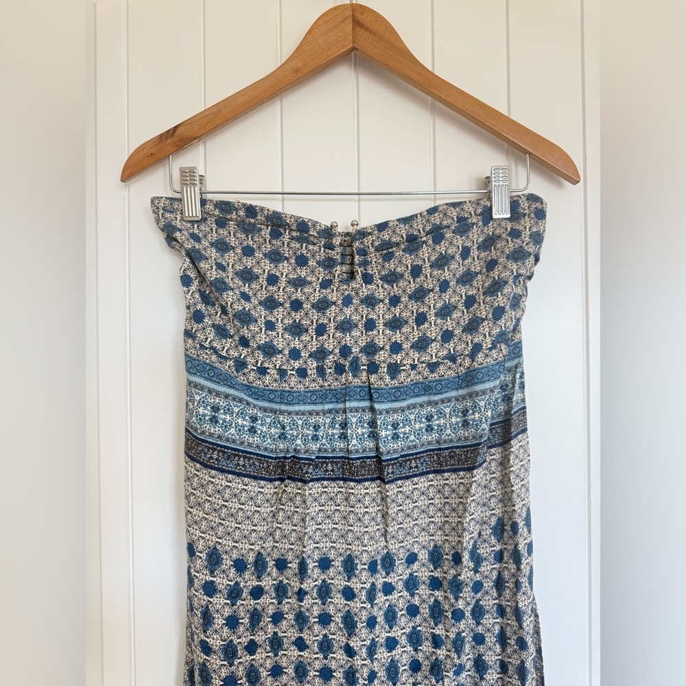 En Crème Boho Strapless Maxi Dress Blue Beige Paisley Geometric Print Small - Picture 2 of 7